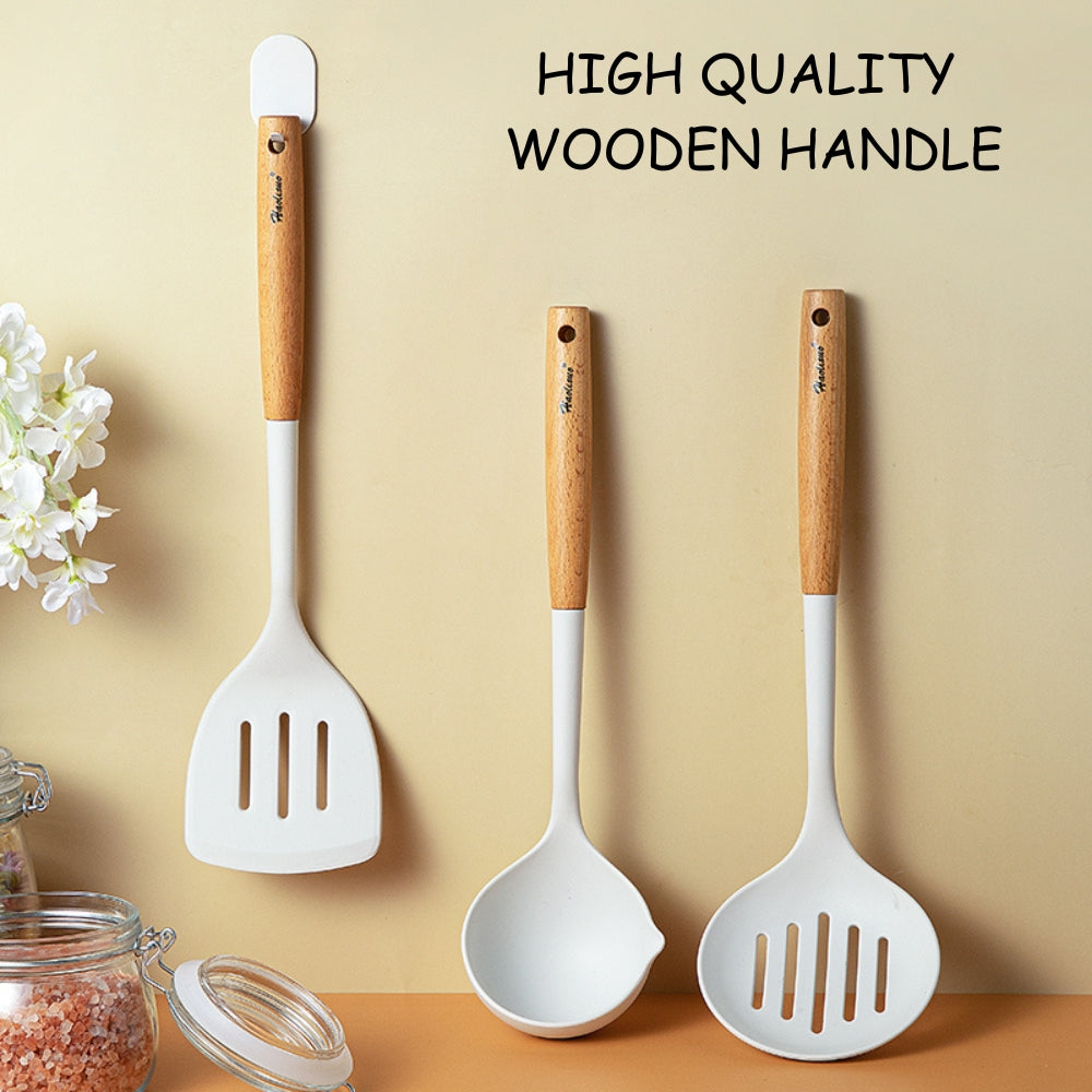 Locaupin High Quality Food Grade Silicone Cooking Utensils Kitchenware Spoon Ladle Turner With Wooden Handle Non Stick Cookware