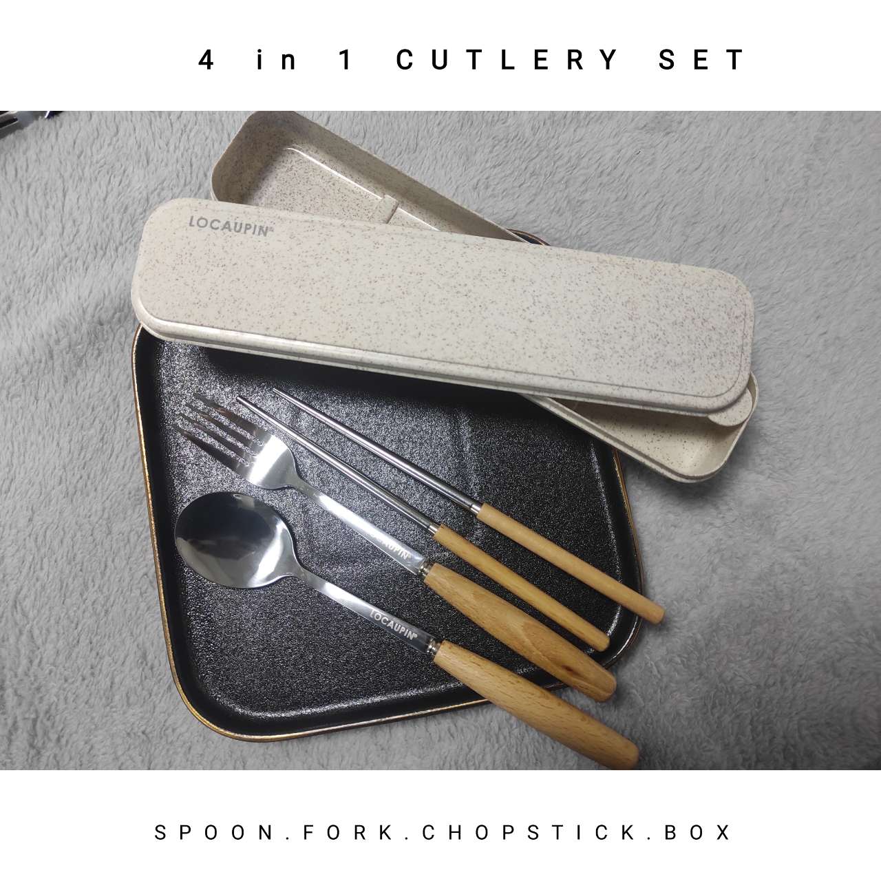 Locaupin Tableware Bamboo Handle Stainless Steel Cutlery Spoon Two Prong Fork Fruit Cake Knife Chopsticks Teaspoon Salad Appetizer Dinner Dish