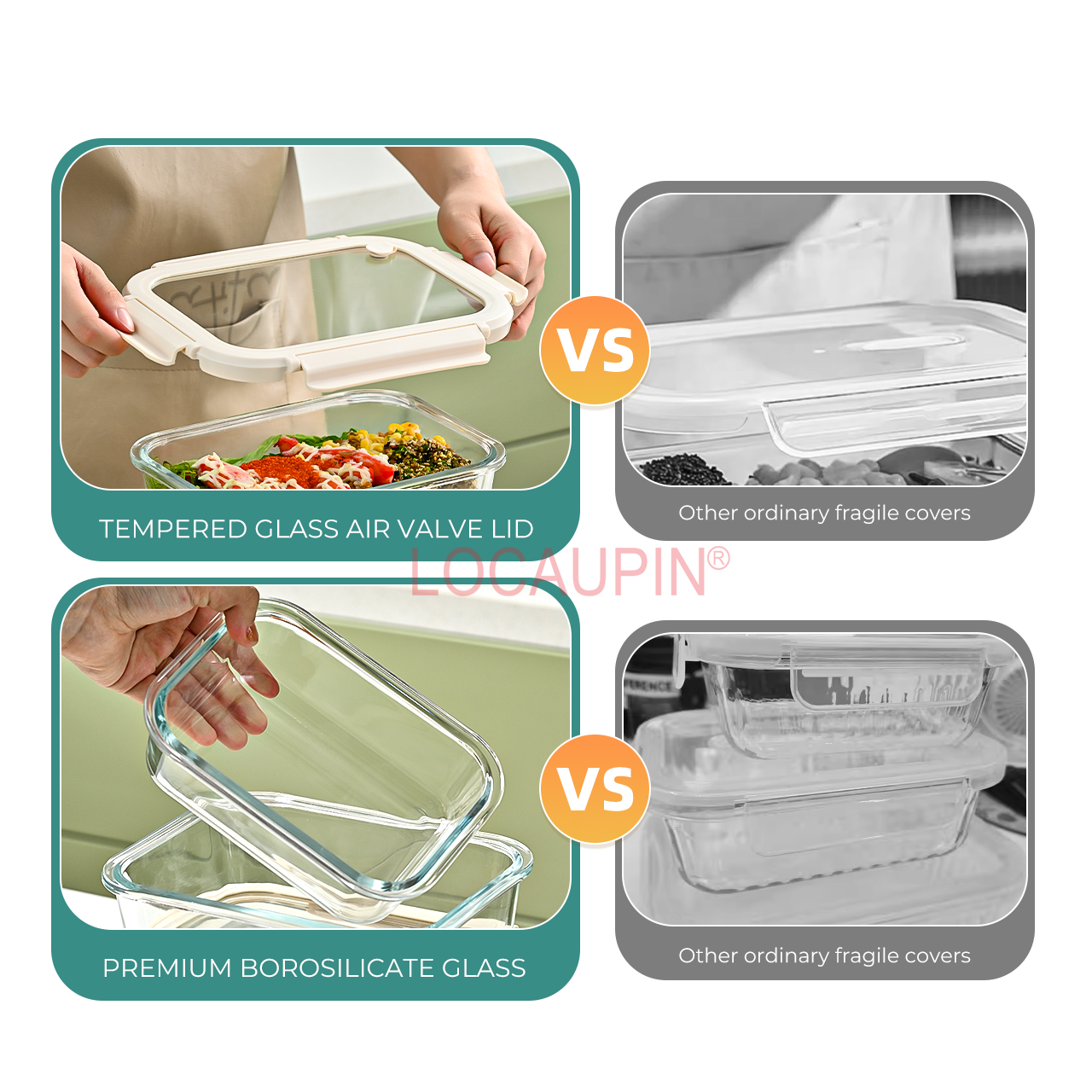 Locaupin Tempered Glass Air Valve Lid Airtight Food Keeper Borosilicate Lunch Box Leakproof Heat Resistant Meal Prep Container