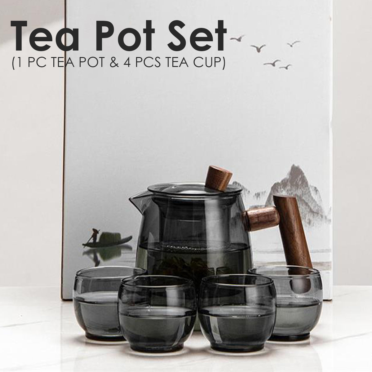 LOCAUPIN Borosilicate Glass Wooden Grip Handle Teapot with 4 Cups Set Removable Infuser Water Kettle