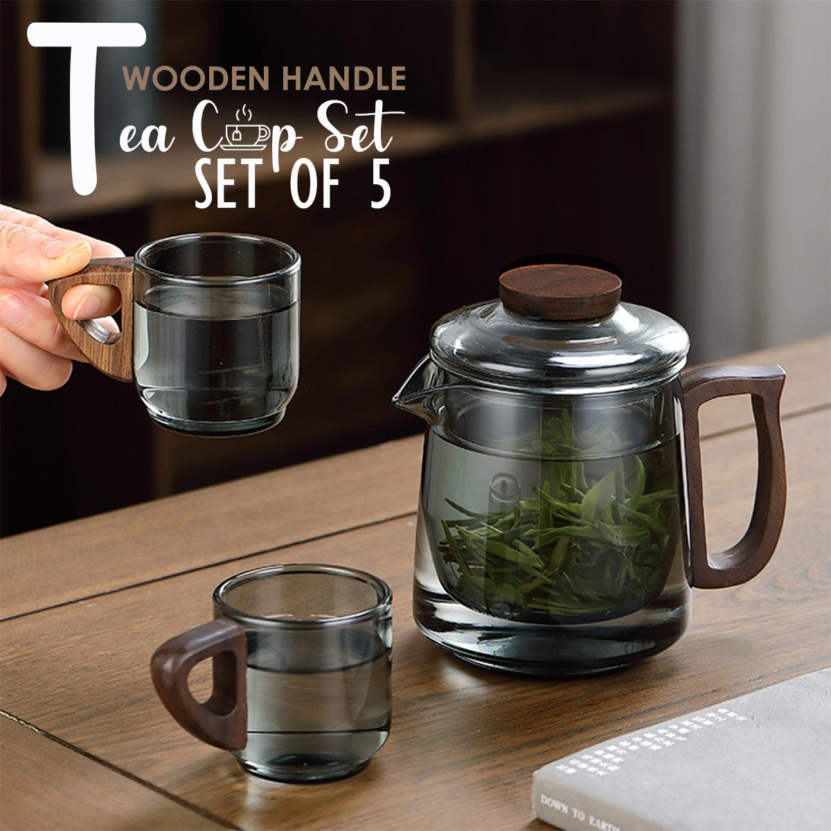 LOCAUPIN Borosilicate Glass Teapot with 4pcs Cup Set Wooden Handle Kettle Removable Leaf Infuser