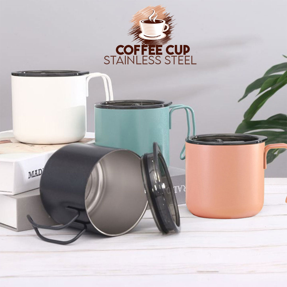 Locaupin 350ml Stainless Steel Coffee Mug with Handle Iced Drinks Insulated Cup Lid Hot Cold Beverage Home Office Use