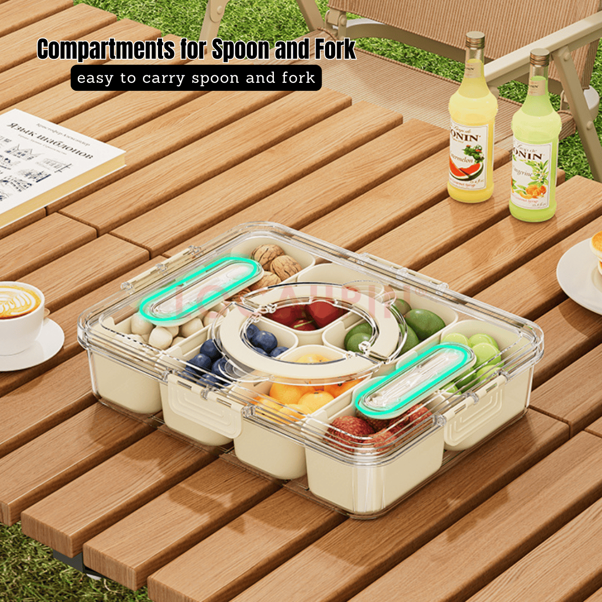 Locaupin Portable Multicompartment Container Fruits and Snacks Divided Tray with Lid and Handle Ideal for Party Travel Picnic Use
