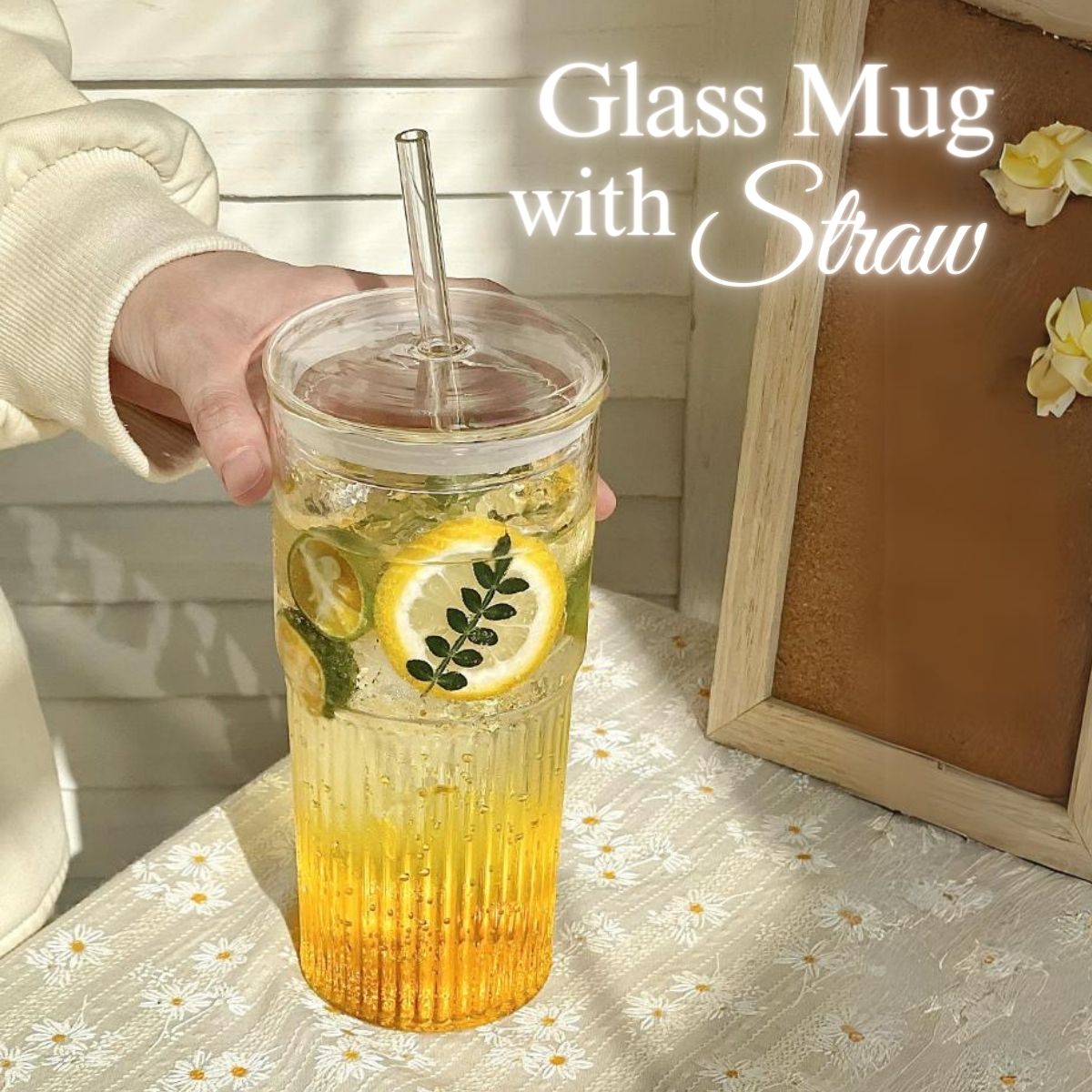 LOCAUPIN Glass Travel Mug with Straw Cover Coffee Cup Tumbler Stripe Textured Hot Cold Beverage