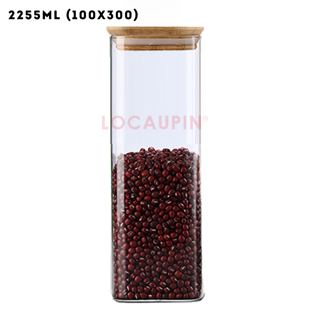 Locaupin Square Borosilicate Glass Canister with Bamboo Lid Airtight Food Jar Storage Transparent Kitchen Pantry Sealed Container