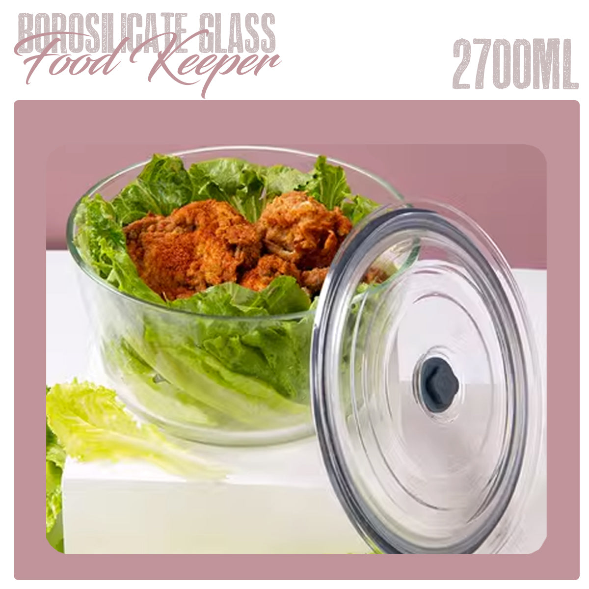 Locaupin Round Press Type Vacuum Cover Food Container Borosilicate Glass Leak-Proof Heat Cold Resistant Airtight Storage Leftover Fresh Keeper