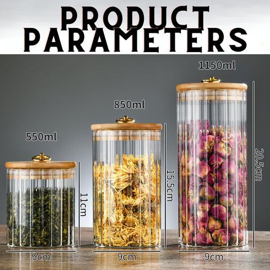 LOCAUPIN Bamboo Lid Ribbed Texture Cereal Canister Food Organizer Multipurpose Glass Jar with Ring