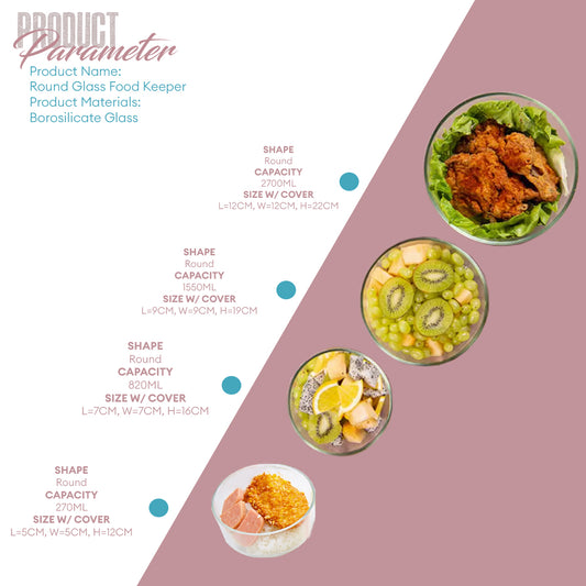 Locaupin Round Press Type Vacuum Cover Food Container Borosilicate Glass Leak-Proof Heat Cold Resistant Airtight Storage Leftover Fresh Keeper