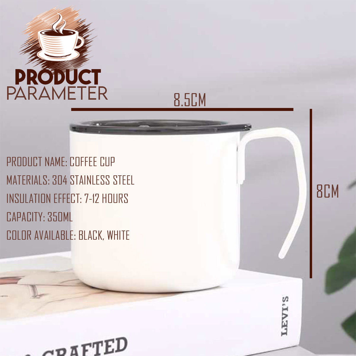 Locaupin 350ml Stainless Steel Coffee Mug with Handle Iced Drinks Insulated Cup Lid Hot Cold Beverage Home Office Use