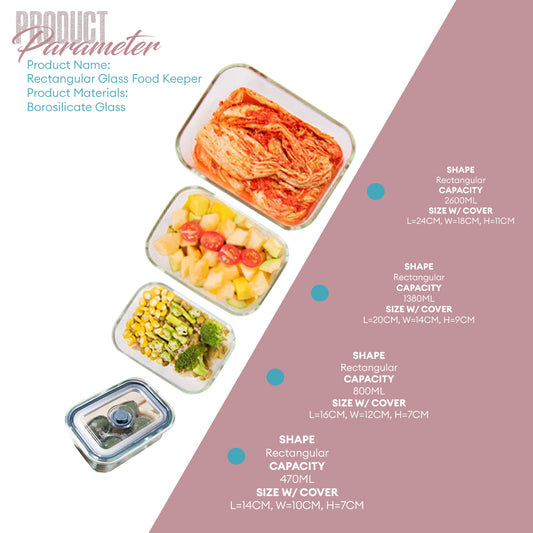 Locaupin Rectangular Press Vacuum Cover Borosilicate Glass Airtight Food Container Leaf-Proof Fresh Keeper Leftover Storage Heat Cold Resistant