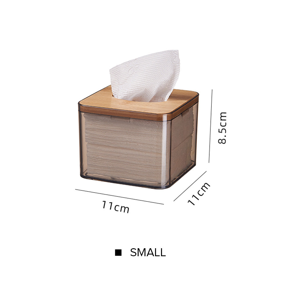 Locaupin Minimalist Clear Tissue Box Dispenser with Bamboo Lid Facial Dryer Sheet Organizer Bathroom Countertop Napkin Holder