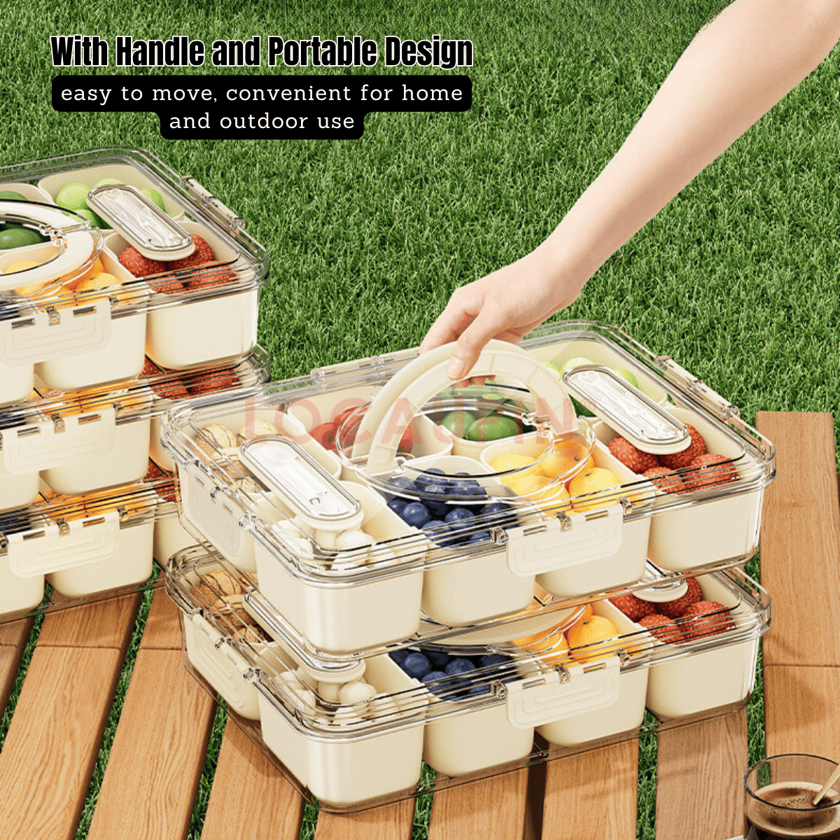 Locaupin Portable Multicompartment Container Fruits and Snacks Divided Tray with Lid and Handle Ideal for Party Travel Picnic Use