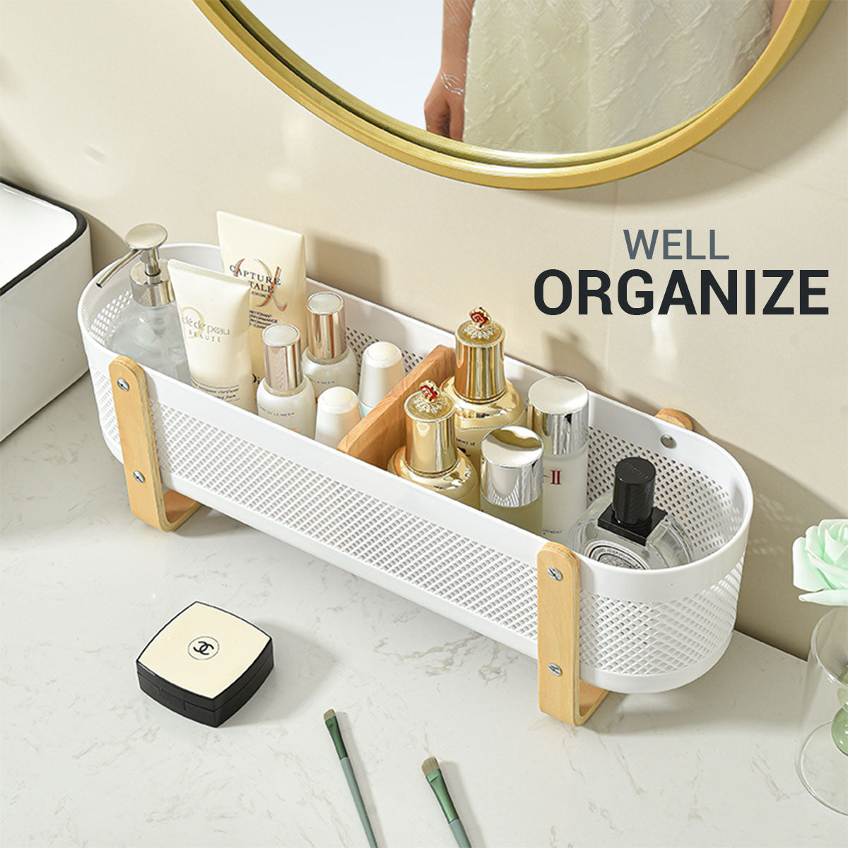 Wooden Makeup Organizer Desktop Storage For Vanity Multifunctional