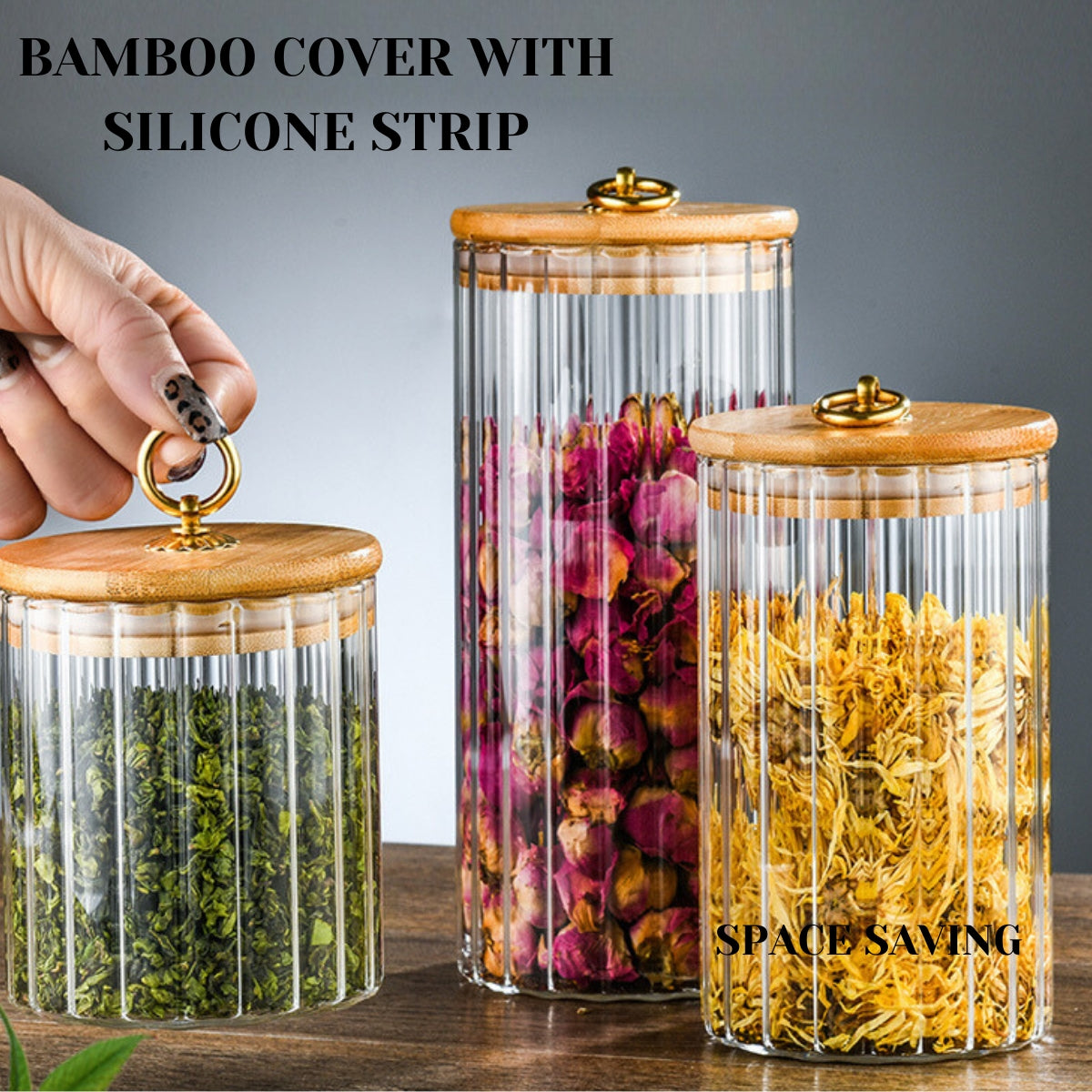 LOCAUPIN Bamboo Lid Ribbed Texture Cereal Canister Food Organizer Multipurpose Glass Jar with Ring
