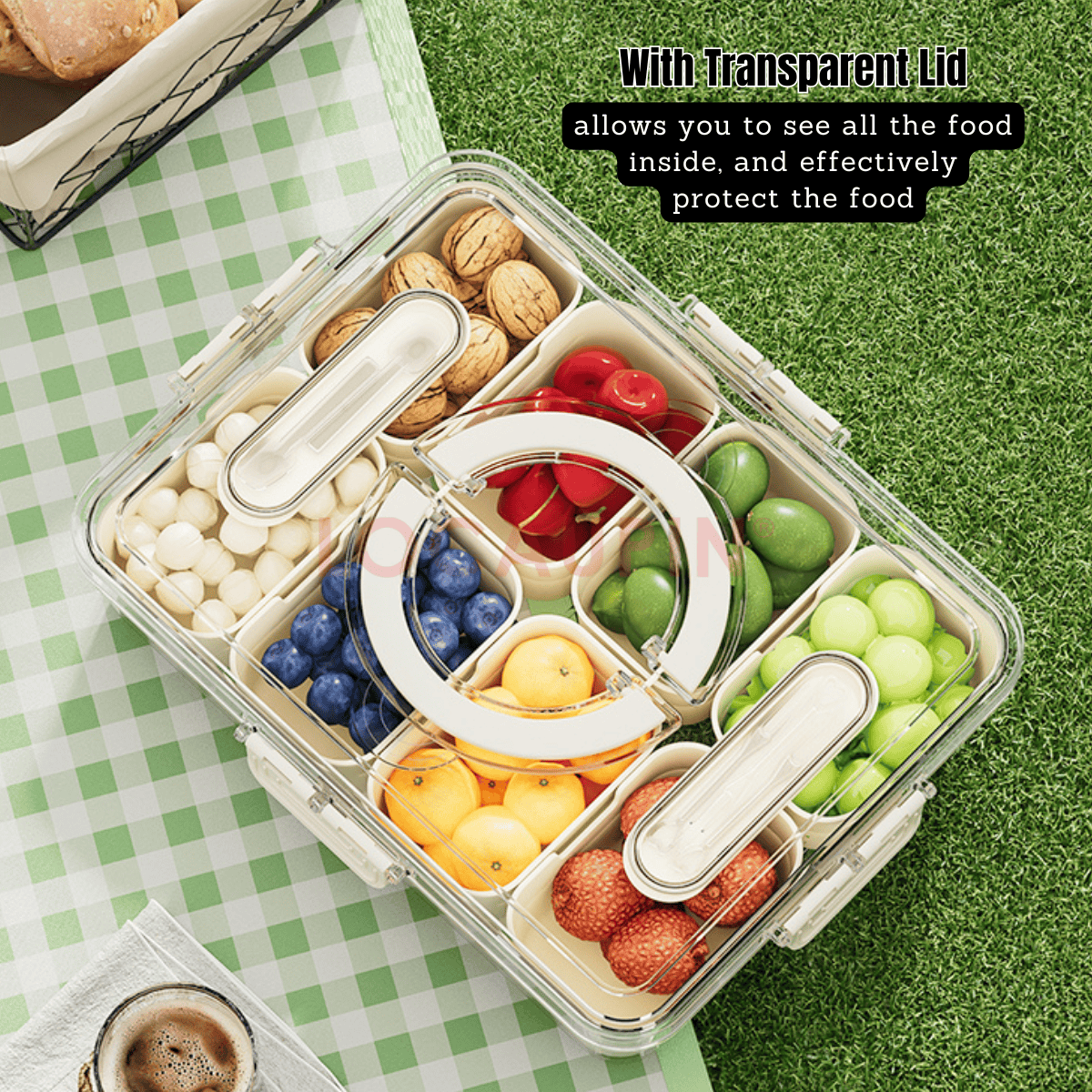 Locaupin Portable Multicompartment Container Fruits and Snacks Divided Tray with Lid and Handle Ideal for Party Travel Picnic Use