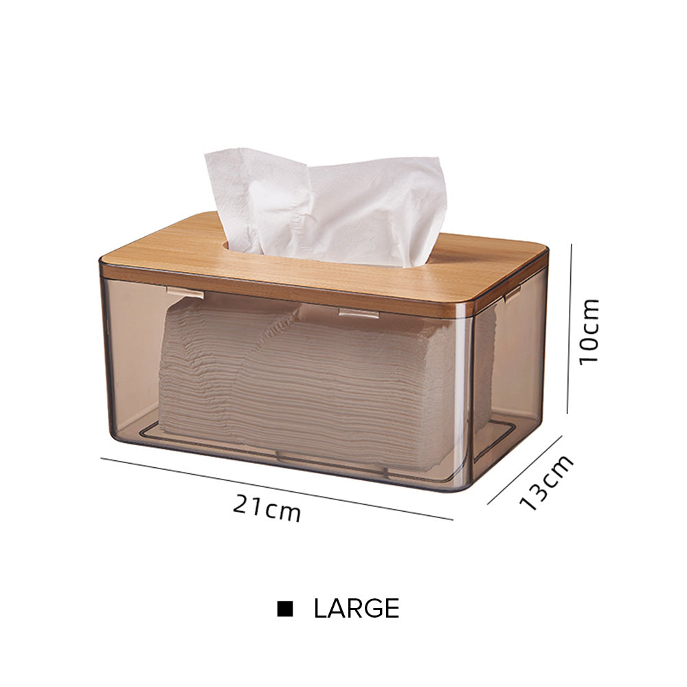 Locaupin Minimalist Clear Tissue Box Dispenser with Bamboo Lid Facial Dryer Sheet Organizer Bathroom Countertop Napkin Holder