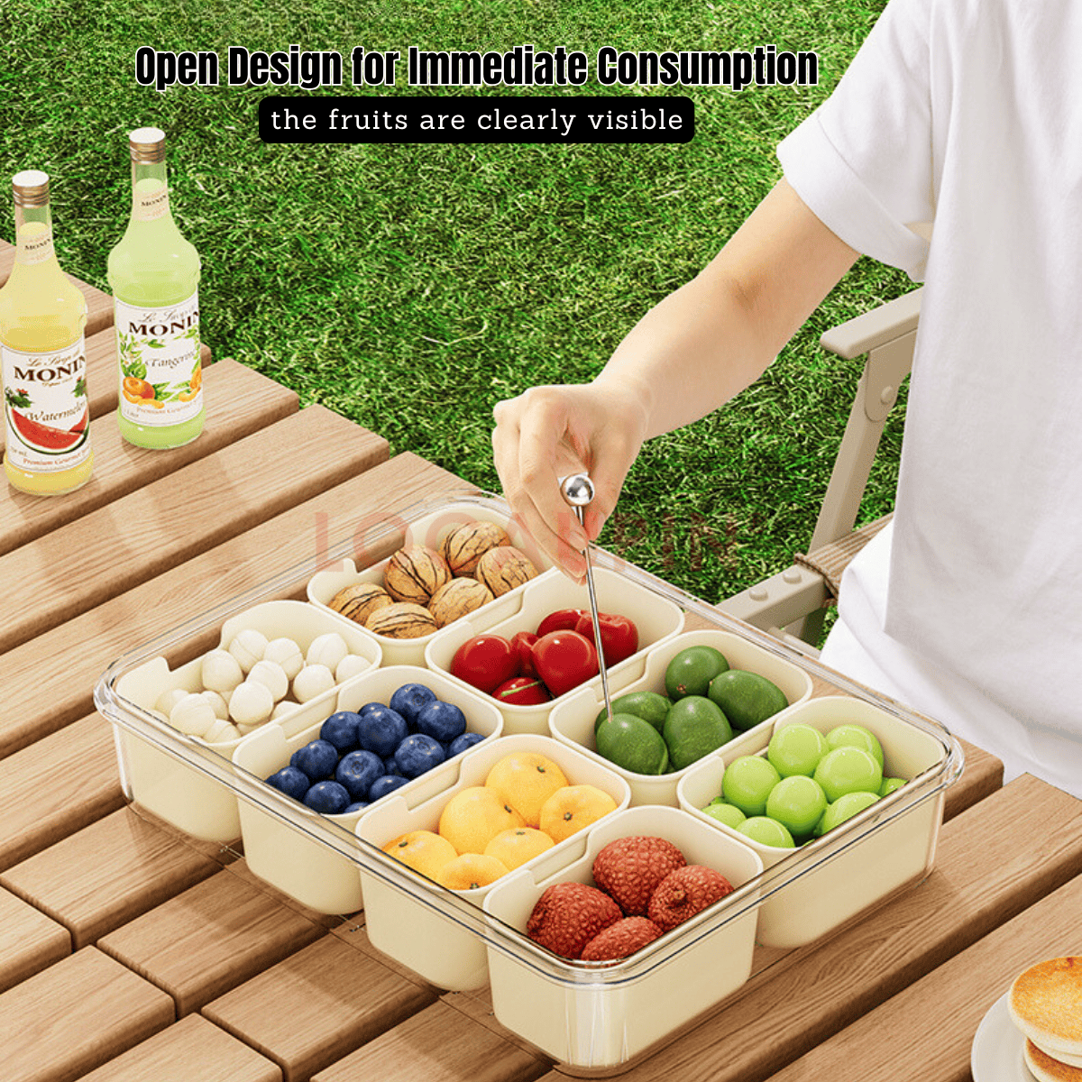 Locaupin Portable Multicompartment Container Fruits and Snacks Divided Tray with Lid and Handle Ideal for Party Travel Picnic Use