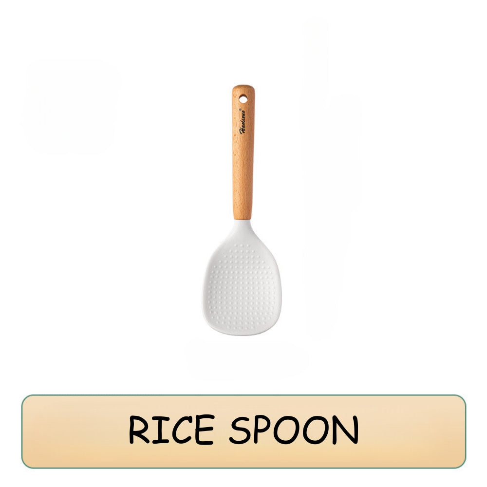 Locaupin High Quality Food Grade Silicone Cooking Utensils Kitchenware Spoon Ladle Turner With Wooden Handle Non Stick Cookware