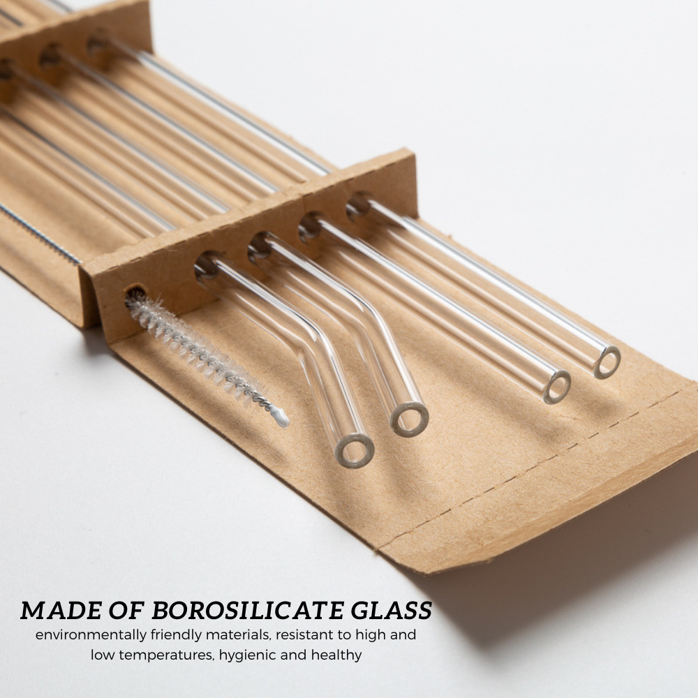 Locaupin 5in1 Borosilicate Glass Straw Set Heat and Cold Resistant Reusable Drinking Bend Straight and Brush Accessories