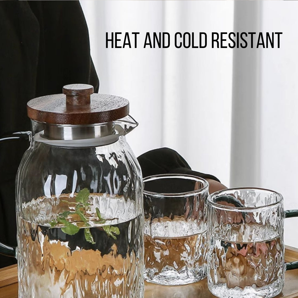Locaupin Borosilicate Glass Wooden Lid Pitcher with Cup Transparent Heat Cold Resistant Drinking Glass Cup Set Drinkware Bottle