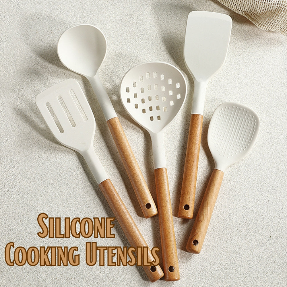 Locaupin Kitchen Utensil Non Stick Silicone Cookware Minimalist Food Grade Heat Resistant Cooking Utensil With Wooden Handle Tool