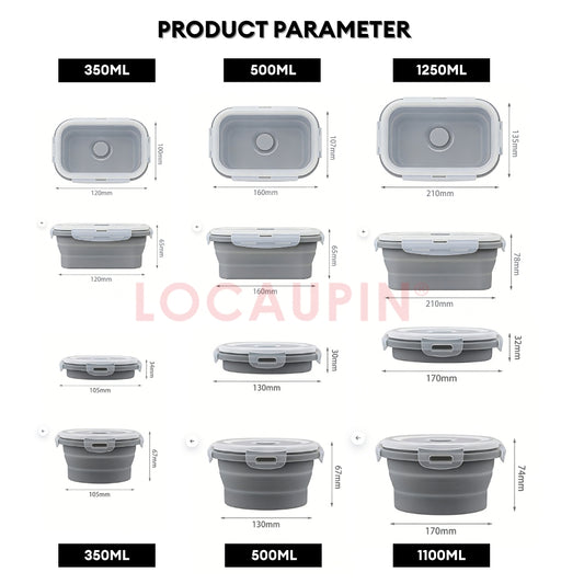 LOCAUPIN Foldable Sealed Silicone Food Storage Container Lunch Box with Lid and Air Valve Collapsible Kitchen Storage