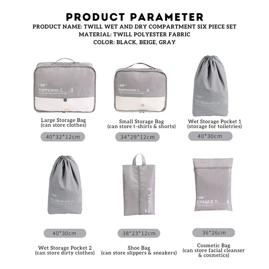 Locaupin 6in1 Travel Organizer Bag Wet and Dry Clothes Storage Shoe Cosmetics Toiletries Waterproof Pouch Luggage Organizer Set