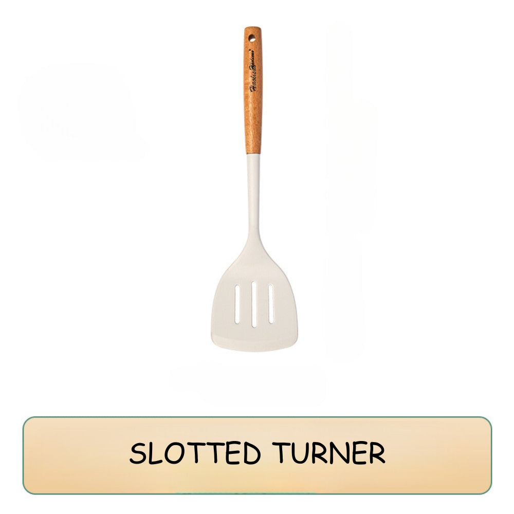 Locaupin High Quality Food Grade Silicone Cooking Utensils Kitchenware Spoon Ladle Turner With Wooden Handle Non Stick Cookware