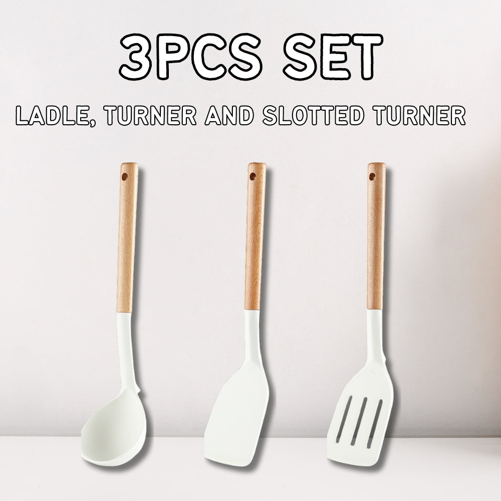 Locaupin SET Silicone Cooking Utensil Non Stick Heat Resistant Kitchen Tools with Wooden Handle Food Grade High Quality Cookware