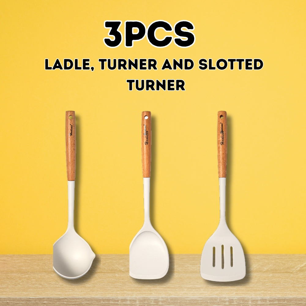 Locaupin SET Kitchen Utensil Non Stick Heat Resistant Cooking Tools with Wooden Handle Minimalist Silicone Bundle of Kitchenware