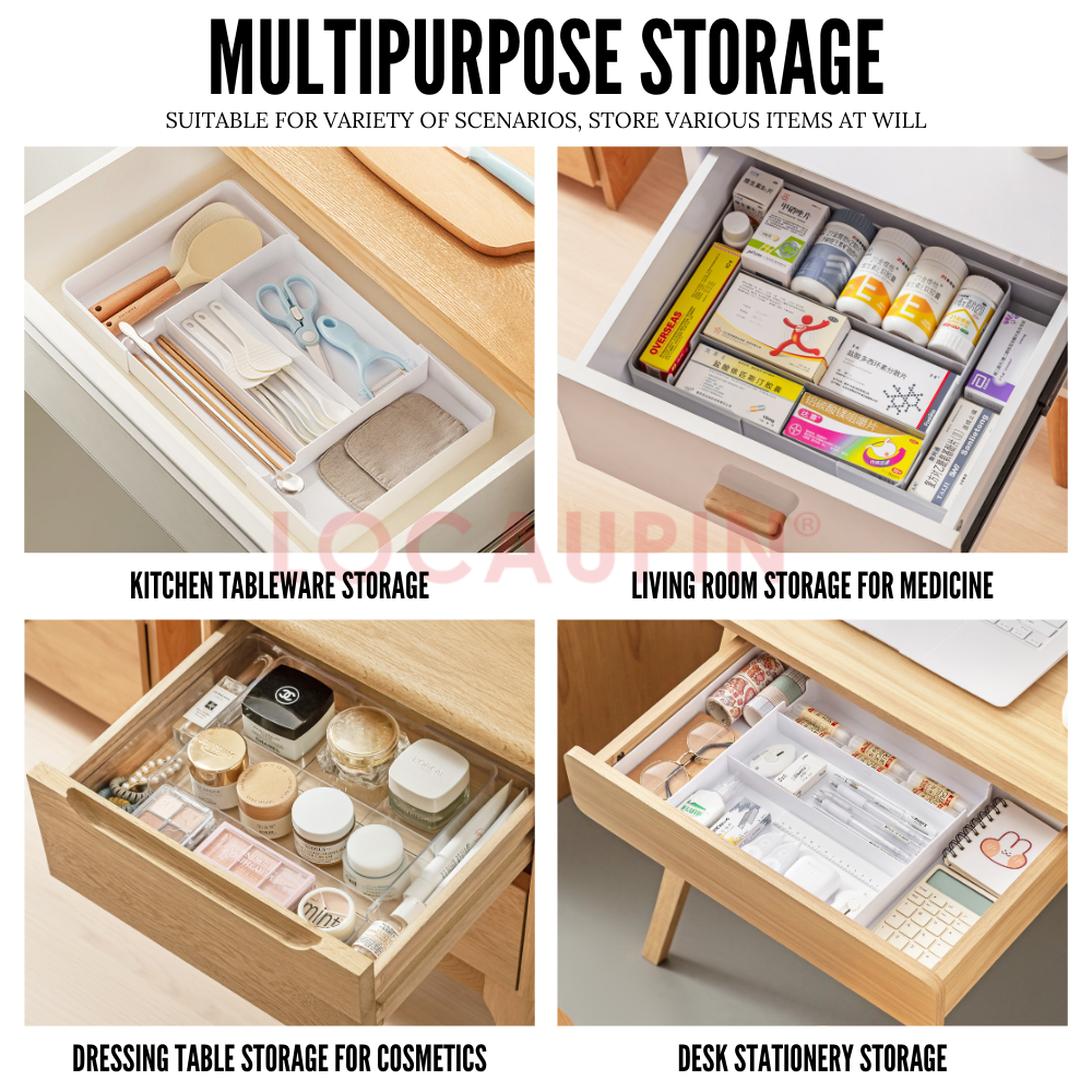 Locaupin Retractable Drawer Storage Multifunctional Compartment Organizer for Medicine Cosmetic Kitchen Utensil and Stationery