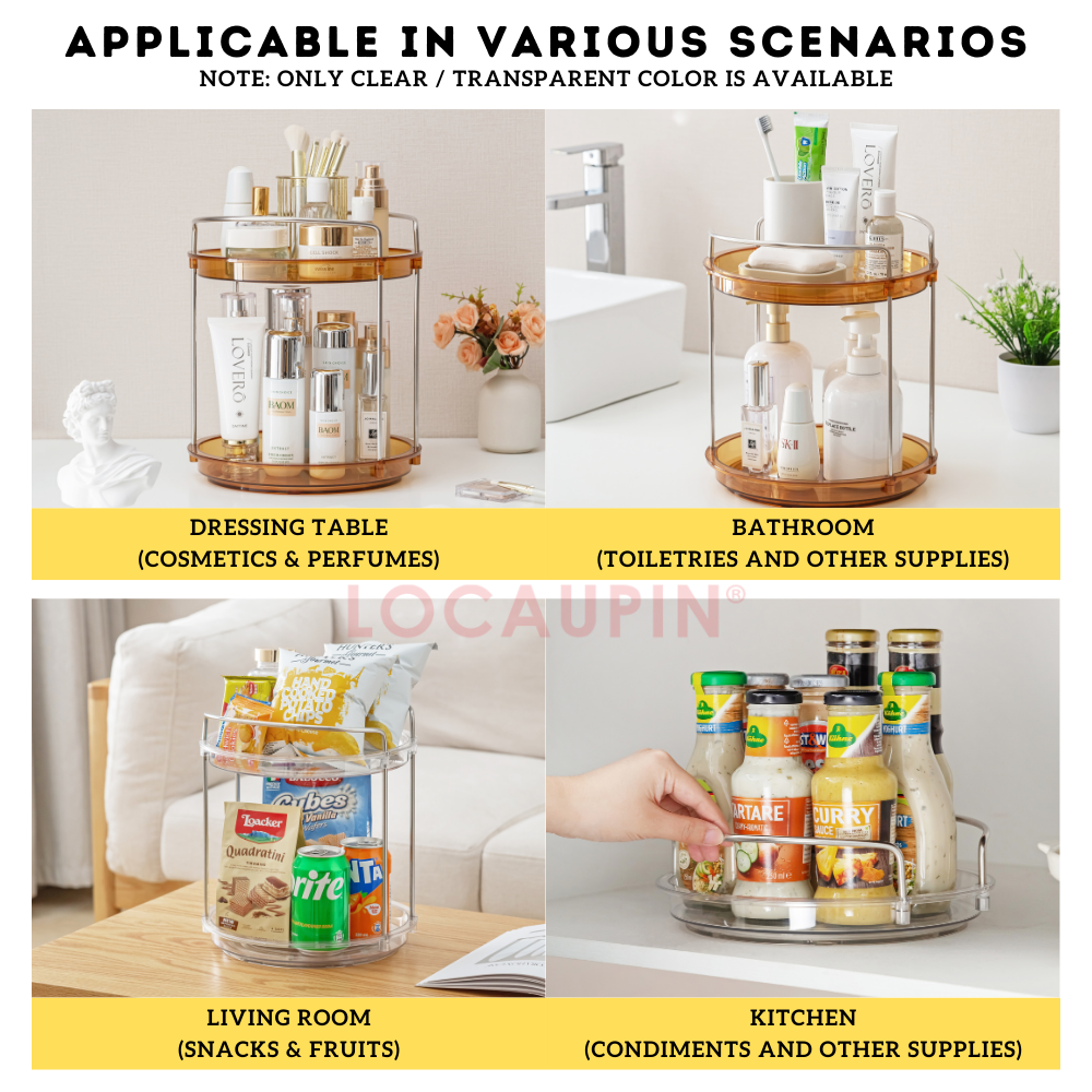 Locaupin 360° Multifunctional Rotating Organizer Condiments Cosmetics Snacks Toiletries Rotatable Transparent Display Rack