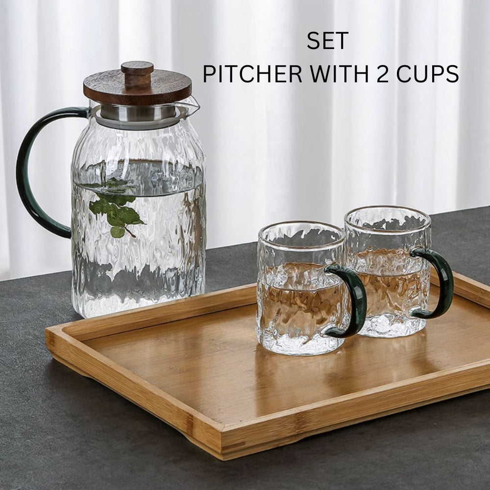 Locaupin Borosilicate Glass Wooden Lid Pitcher with Cup Transparent Heat Cold Resistant Drinking Glass Cup Set Drinkware Bottle