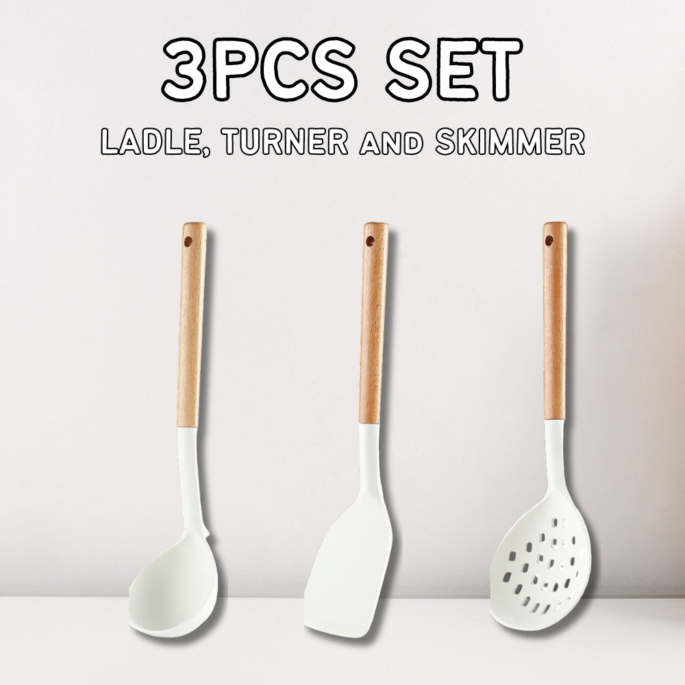 Locaupin SET Silicone Cooking Utensil Non Stick Heat Resistant Kitchen Tools with Wooden Handle Food Grade High Quality Cookware