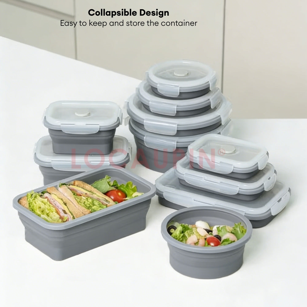 LOCAUPIN Foldable Sealed Silicone Food Storage Container Lunch Box with Lid and Air Valve Collapsible Kitchen Storage