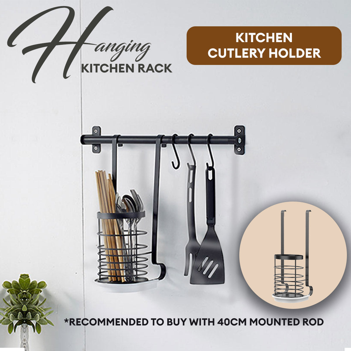 Locaupin Wall Mounted Kitchen Rack Space Saving Hanging Organizer Utensil Knives Holder Pot Lid Shelf Plates Storage Rod with Hooks