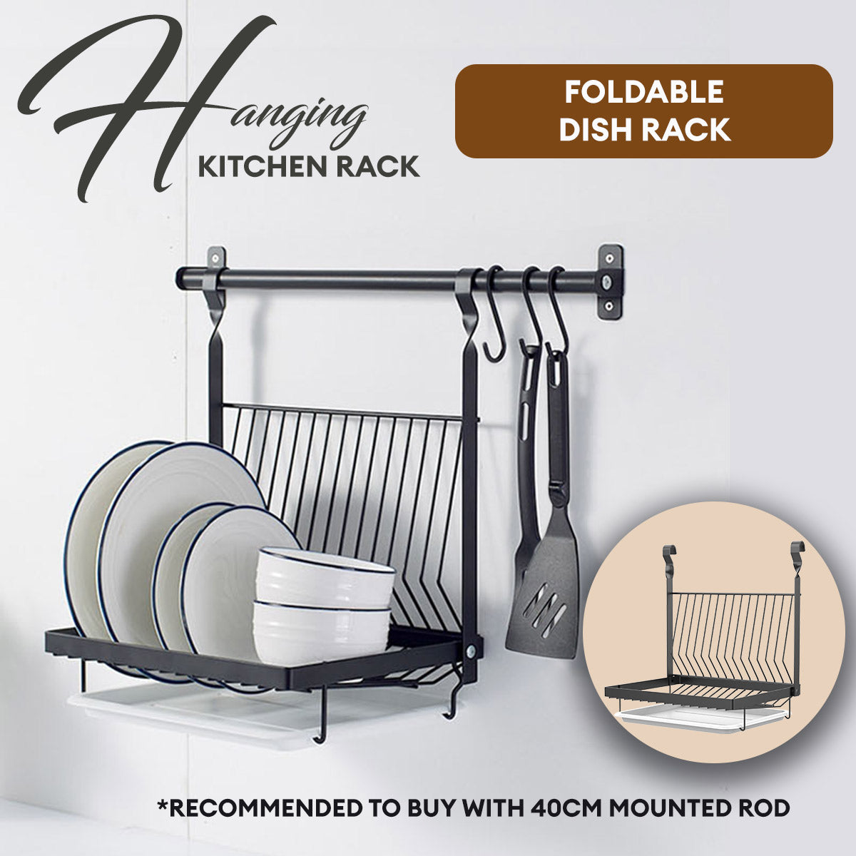 Locaupin Wall Mounted Kitchen Rack Space Saving Hanging Organizer Utensil Knives Holder Pot Lid Shelf Plates Storage Rod with Hooks