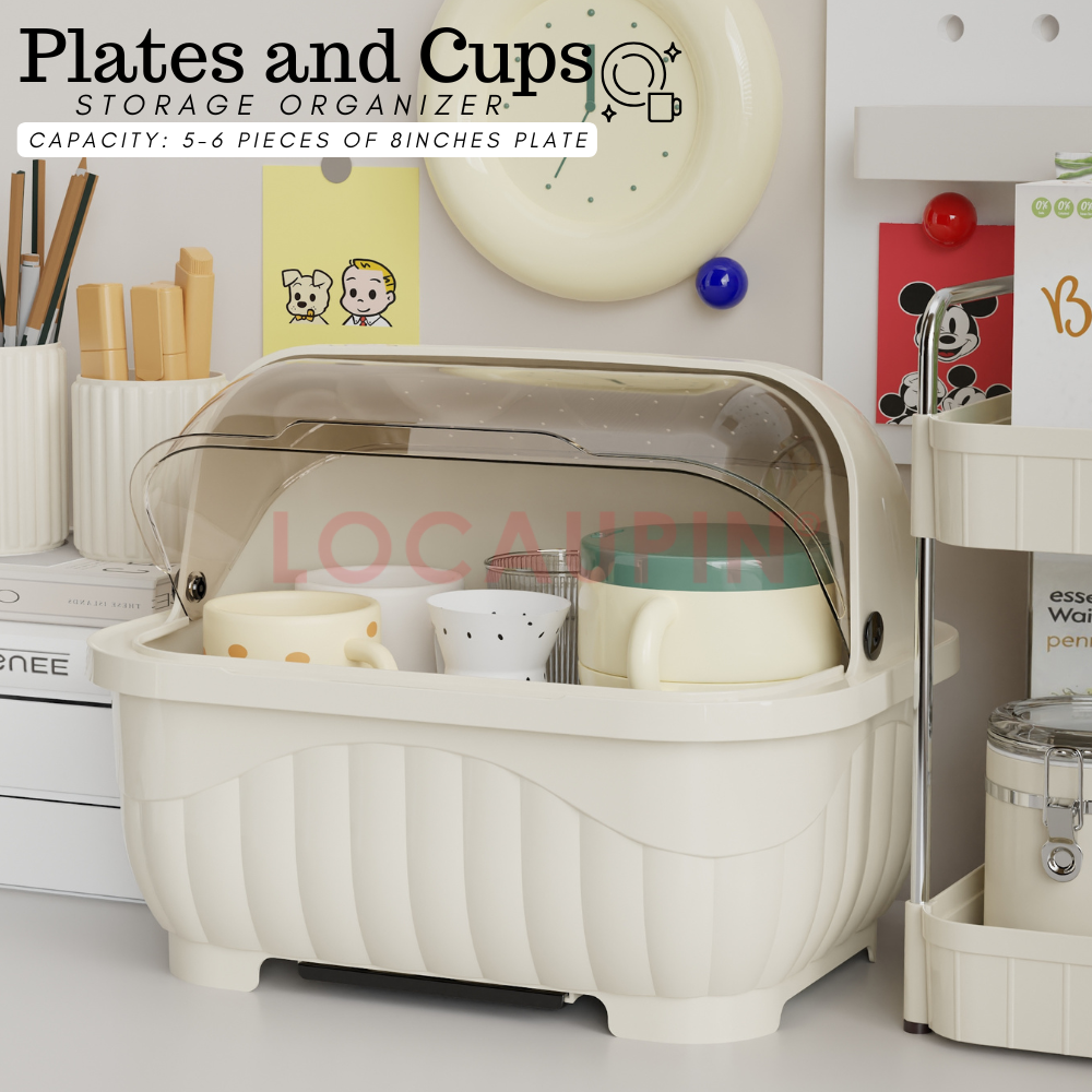 Locaupin Plates and Cups Storage Minimalist Large Capacity Dishrack with Drain Drawer Dust and Insect Proof Tableware Organizer
