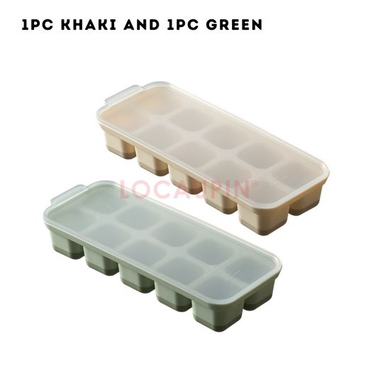 Locaupin 2 Pieces Set Mini Ice Cube Tray with Lid and Soft Bottom Silicone for Easy Demolding Stackable Compact 10 Grids Molder