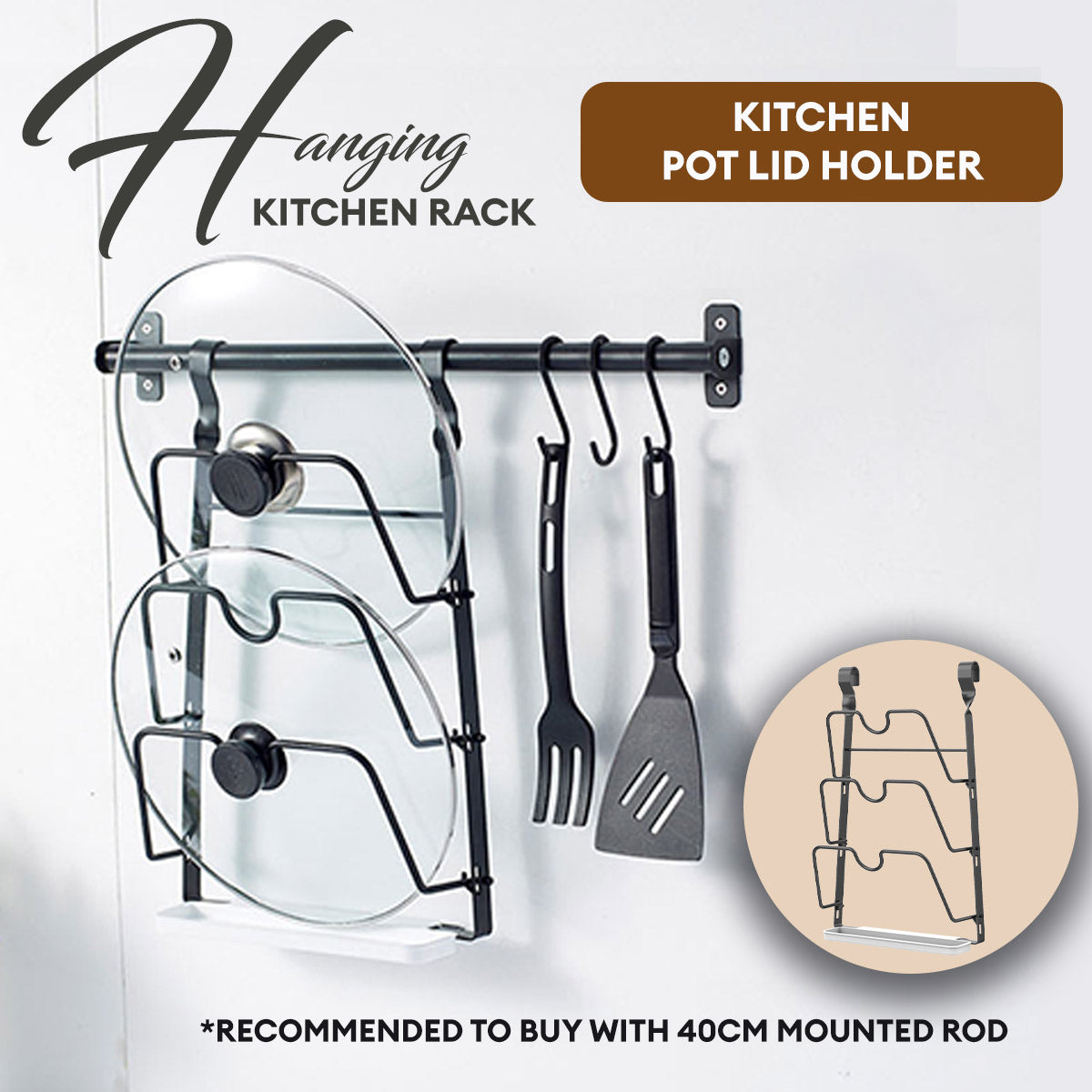 Locaupin Wall Mounted Kitchen Rack Space Saving Hanging Organizer Utensil Knives Holder Pot Lid Shelf Plates Storage Rod with Hooks