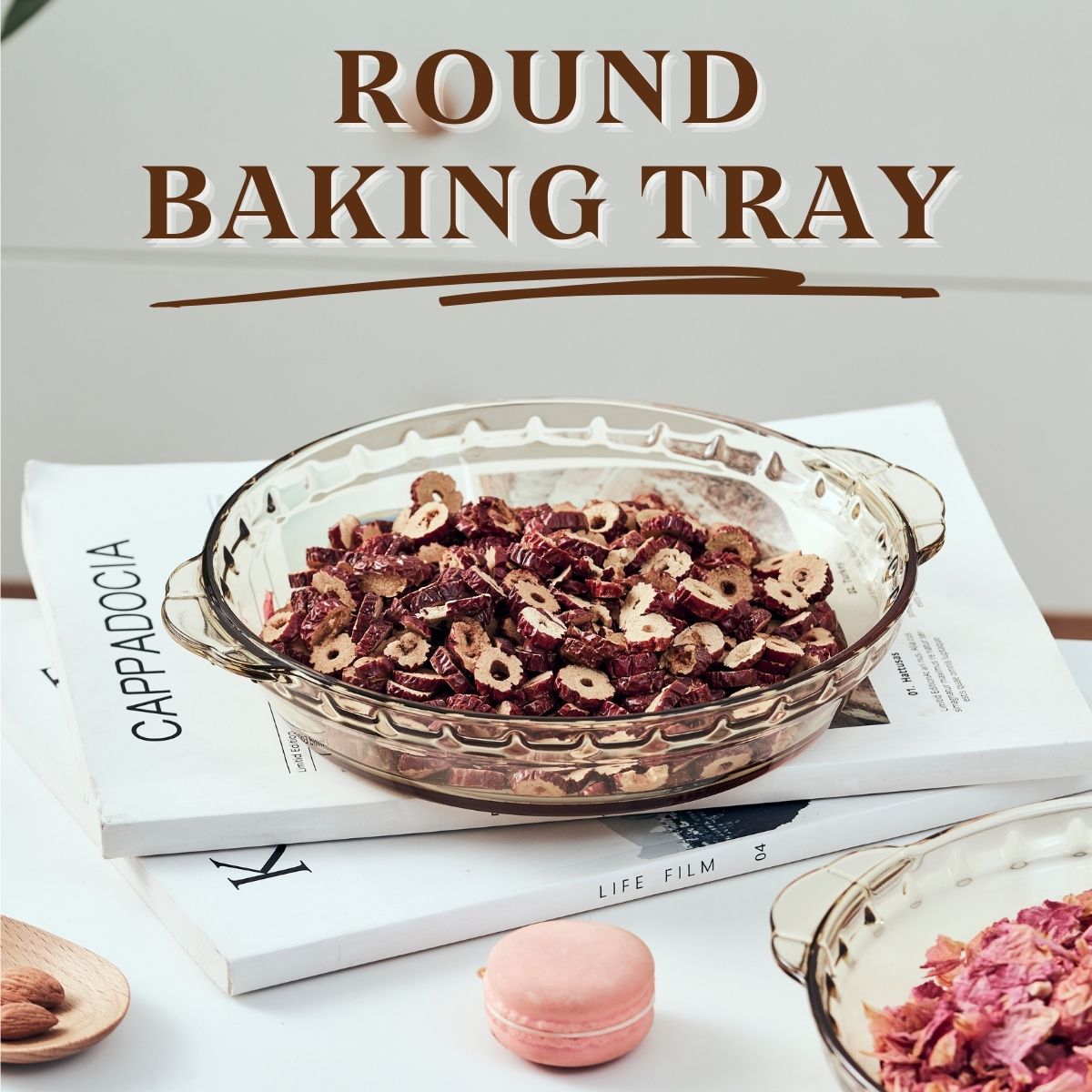 LOCAUPIN Borosilicate Glass Round Vintage Baking Tray Microwavable Oven Safe Pan Serving Plate