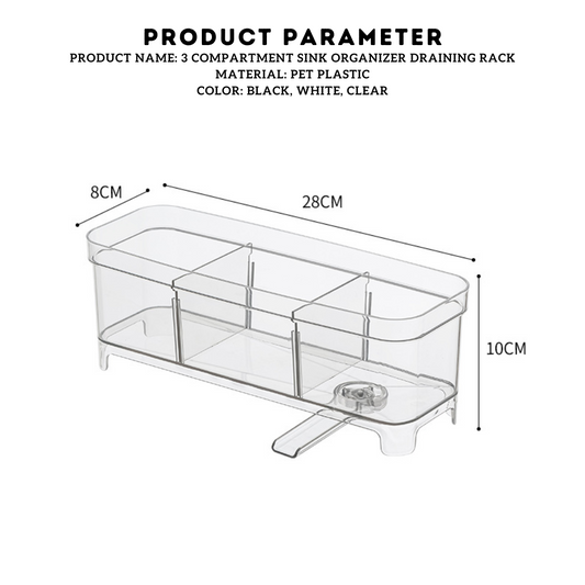 Locaupin 3 Compartment Sink Organizer Draining Rack High Quality Kitchen Dishwashing Soap Sponge Holder with Automatic Drain Port