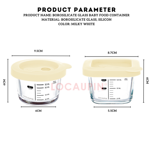 Locaupin Portable Borosilicate Glass 3in1 Baby Food Container with Silicone Lid Round and Square Shape Sealed Storage