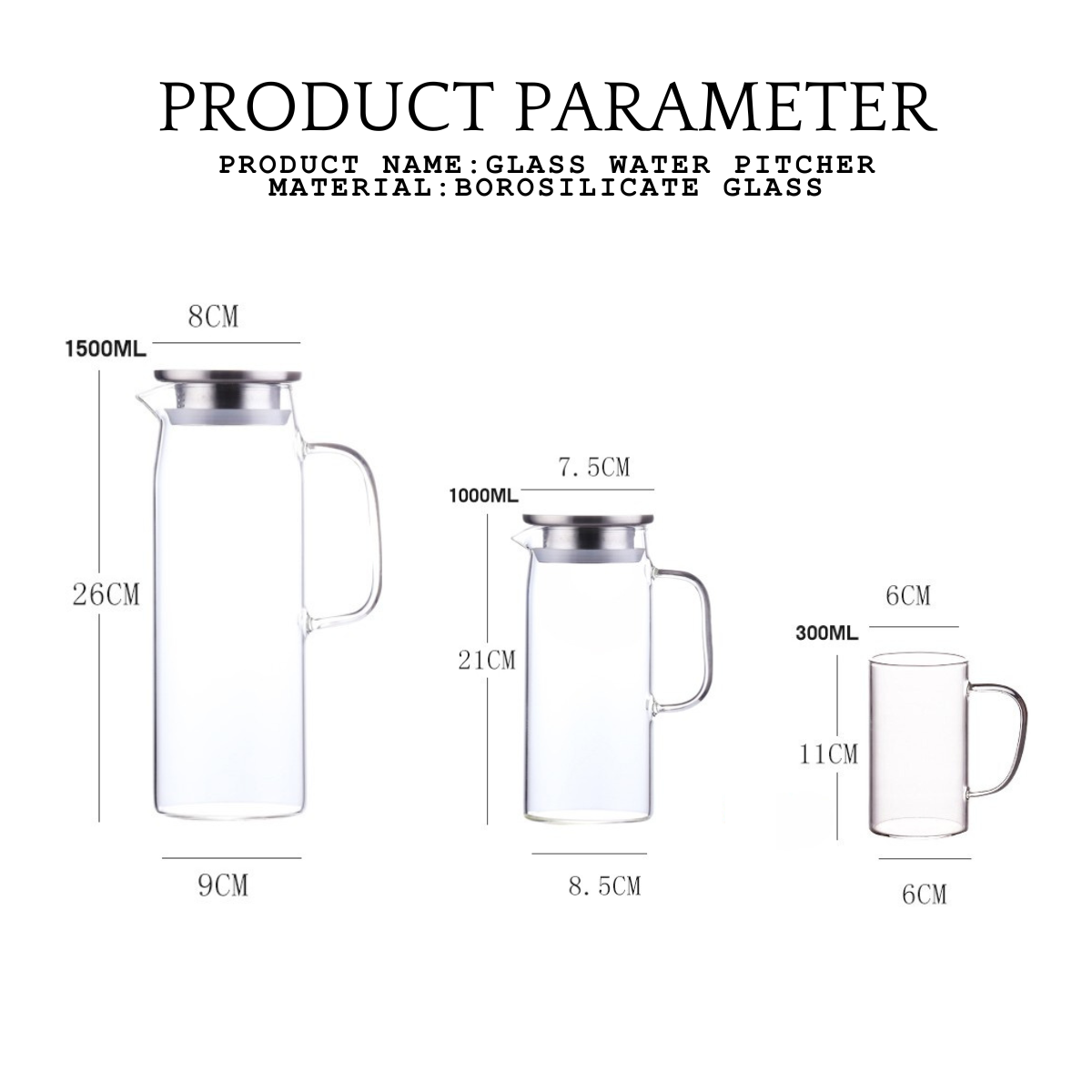 Locaupin Borosilicate Glass Water Pitcher with Stainless Steel Lid Hot and Cold Drinks Juice Coffee Beverage Large Capacity Jug