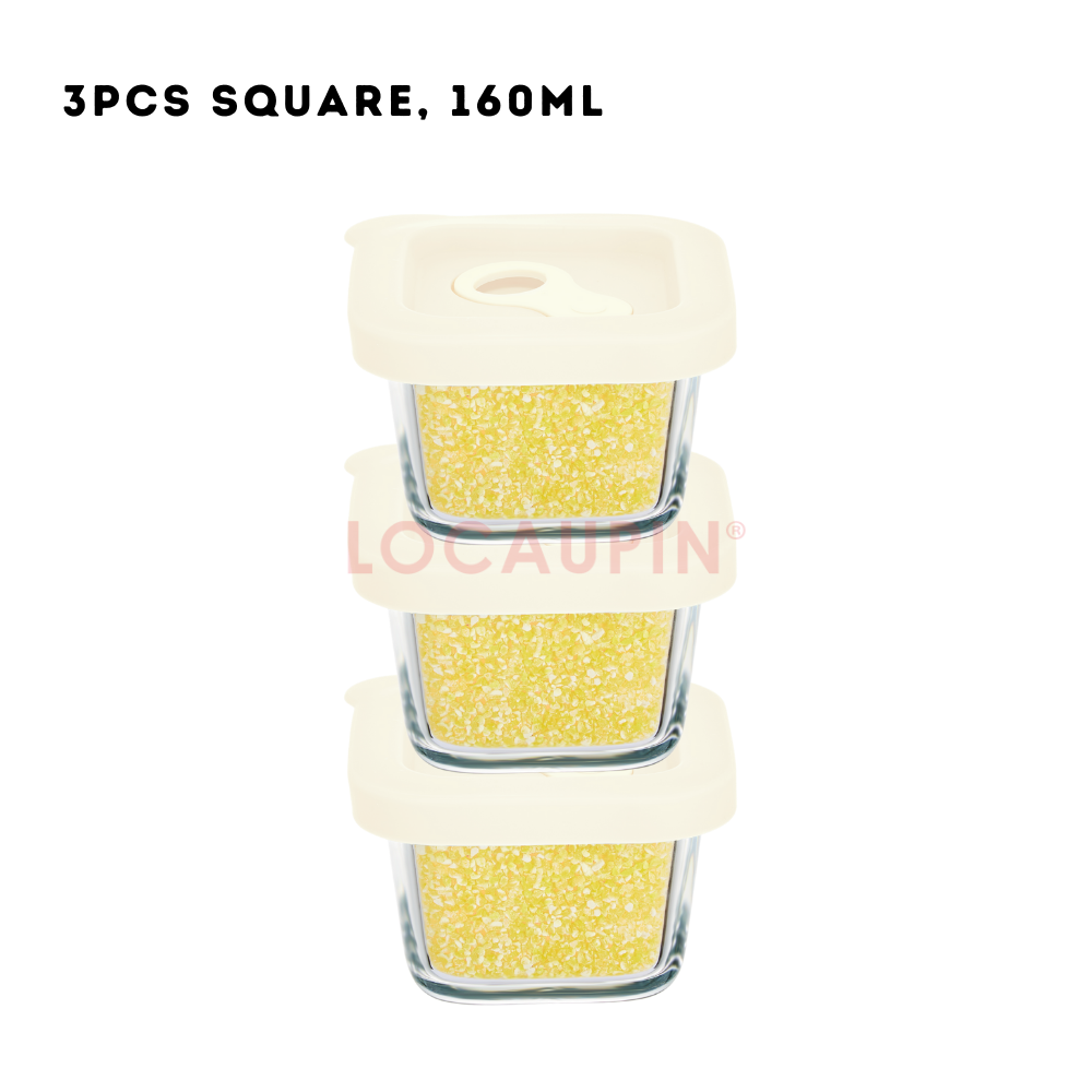 Locaupin Portable Borosilicate Glass 3in1 Baby Food Container with Silicone Lid Round and Square Shape Sealed Storage