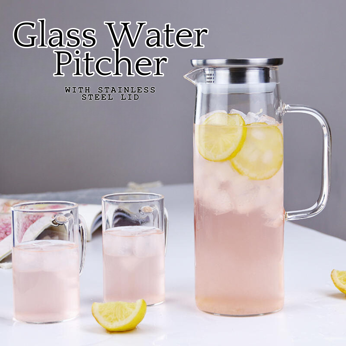 Locaupin Borosilicate Glass Water Pitcher with Stainless Steel Lid Hot and Cold Drinks Juice Coffee Beverage Large Capacity Jug