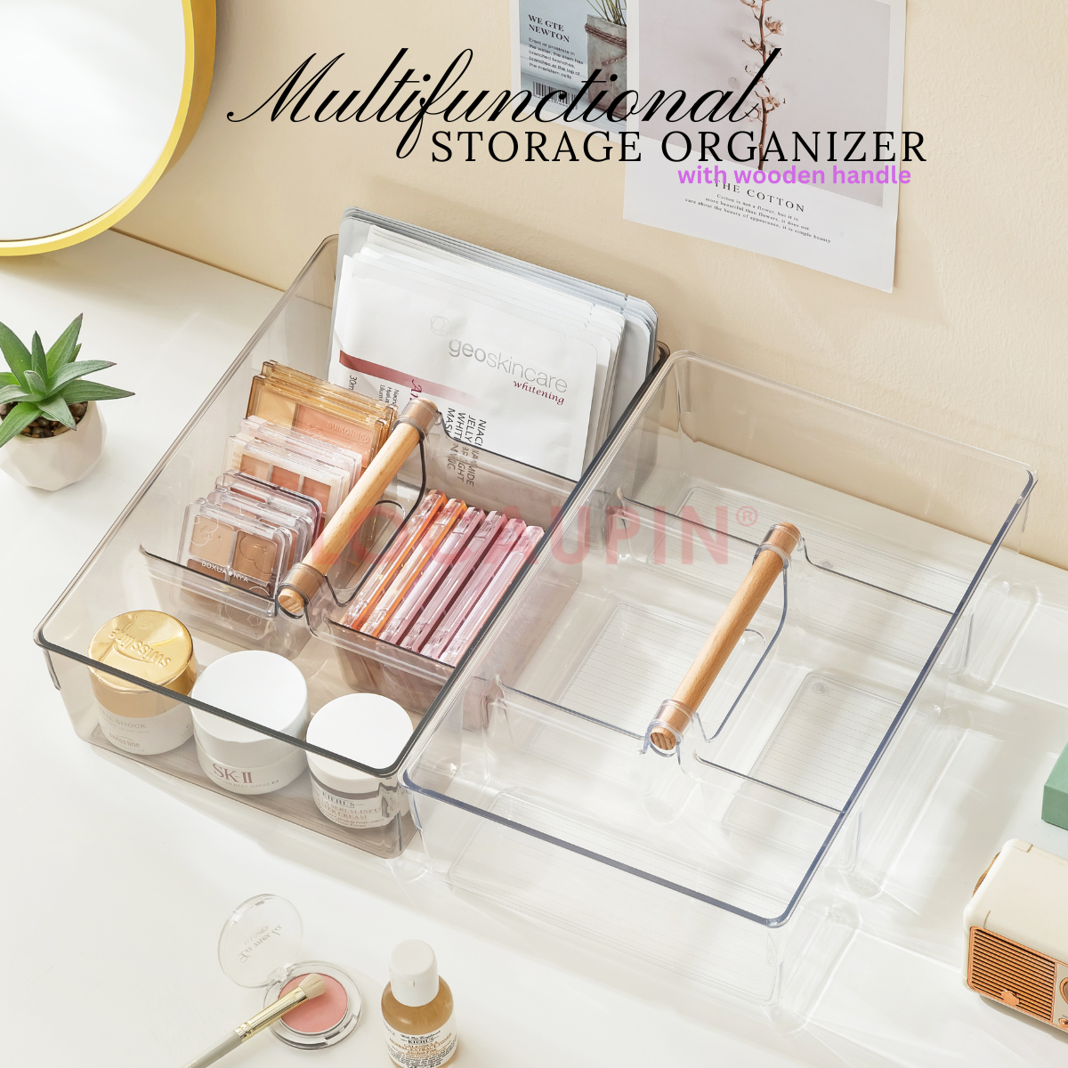 Locaupin Multifunctional Storage Organizer w/ Wooden Handle Transparent Desk Container Portable Home Drawer Bathroom Cosmetic Box
