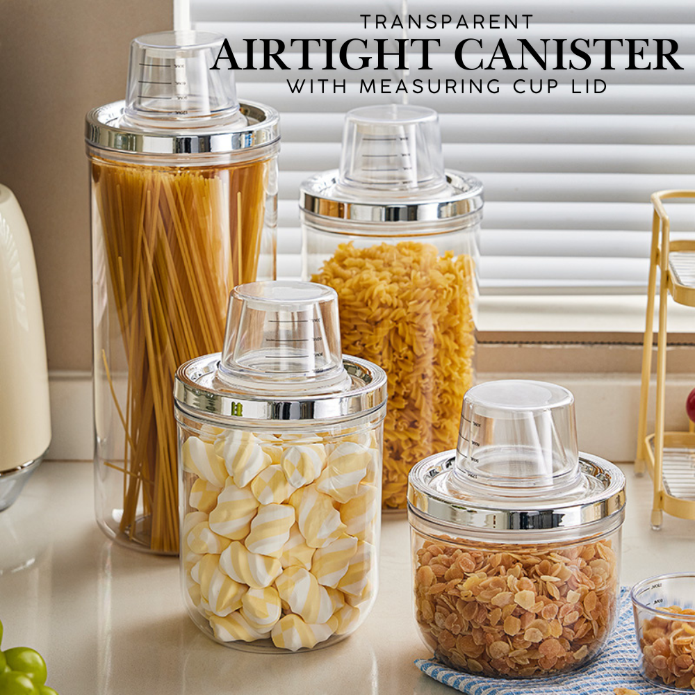 Locaupin Transparent Airtight Canister with Measuring Cup Lid Dust-Proof Insect-Proof Moisture-Proof Beans Grains Flour Storage