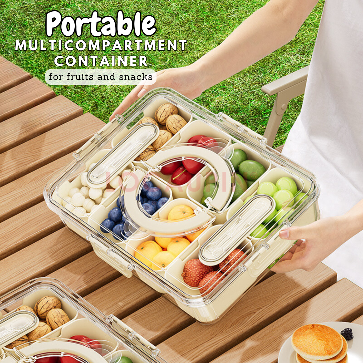 Locaupin Portable Multicompartment Container Fruits and Snacks Divided Tray with Lid and Handle Ideal for Party Travel Picnic Use