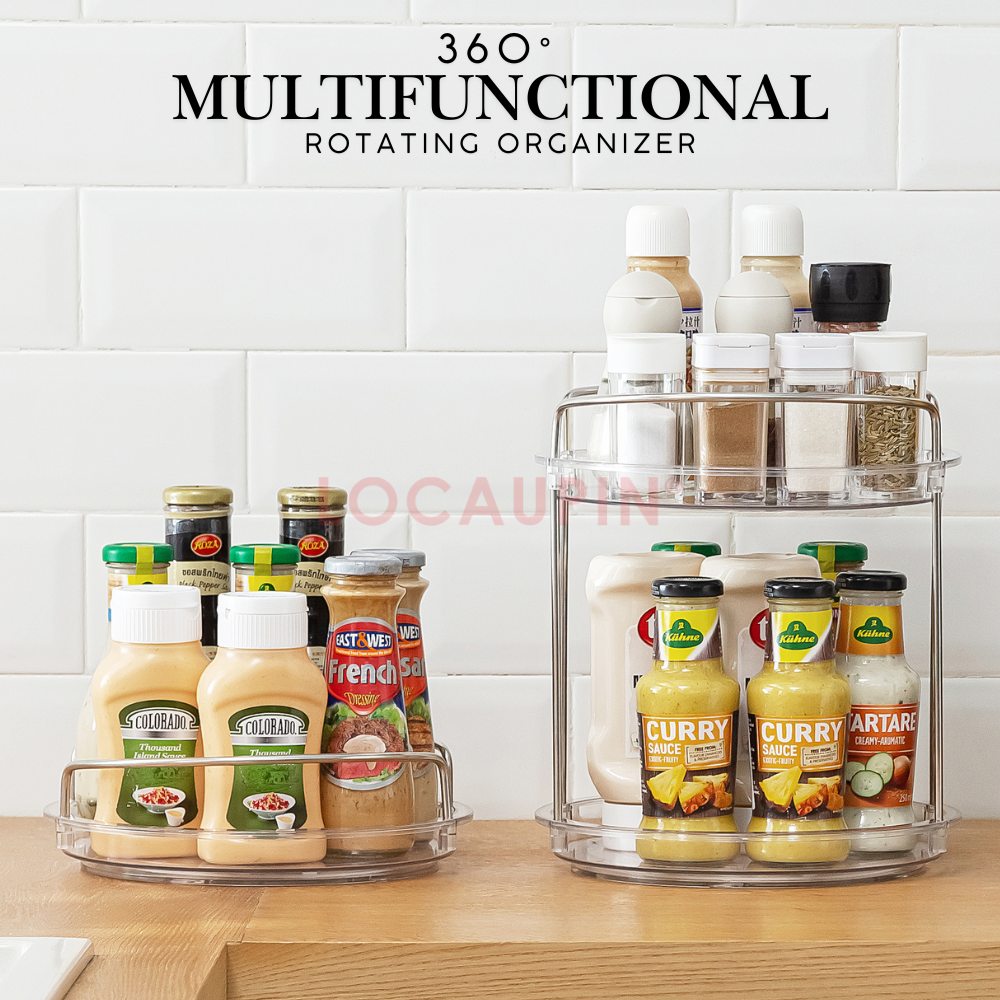 Locaupin 360° Multifunctional Rotating Organizer Condiments Cosmetics Snacks Toiletries Rotatable Transparent Display Rack